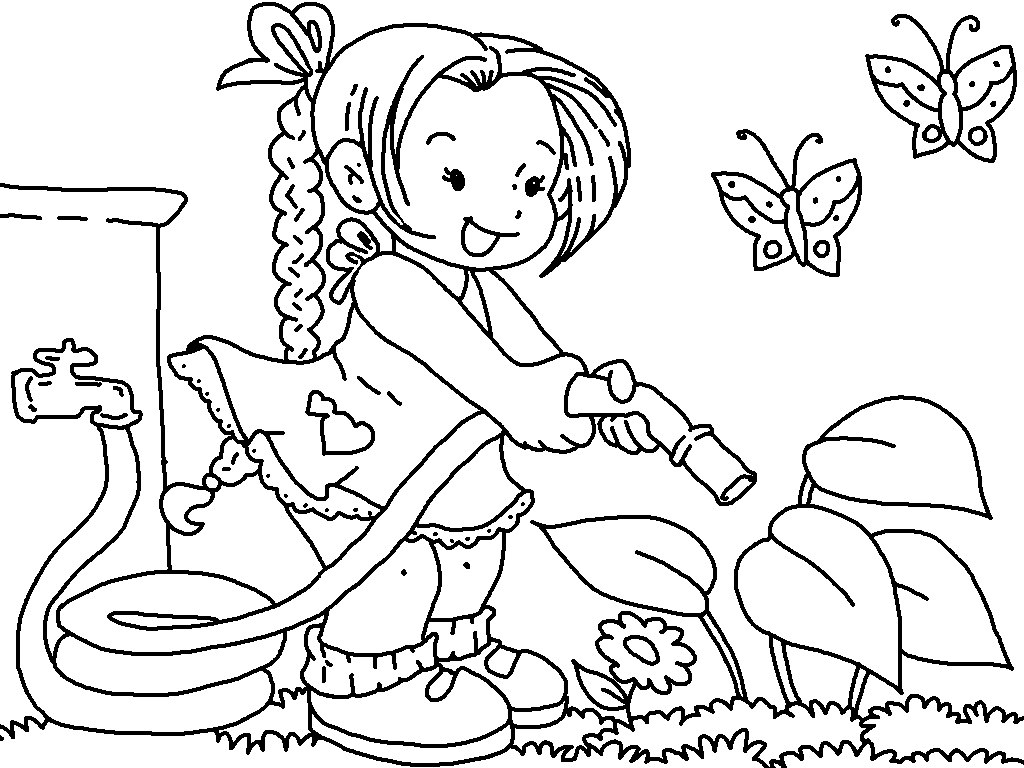 A girl watering flowers coloring page